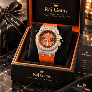Raj Gems Diamond Encrusted Orange Alarm Watch Stainless Steel Case Rubber Strap Analog Quartz Men's Luxury Crystal Dial Box